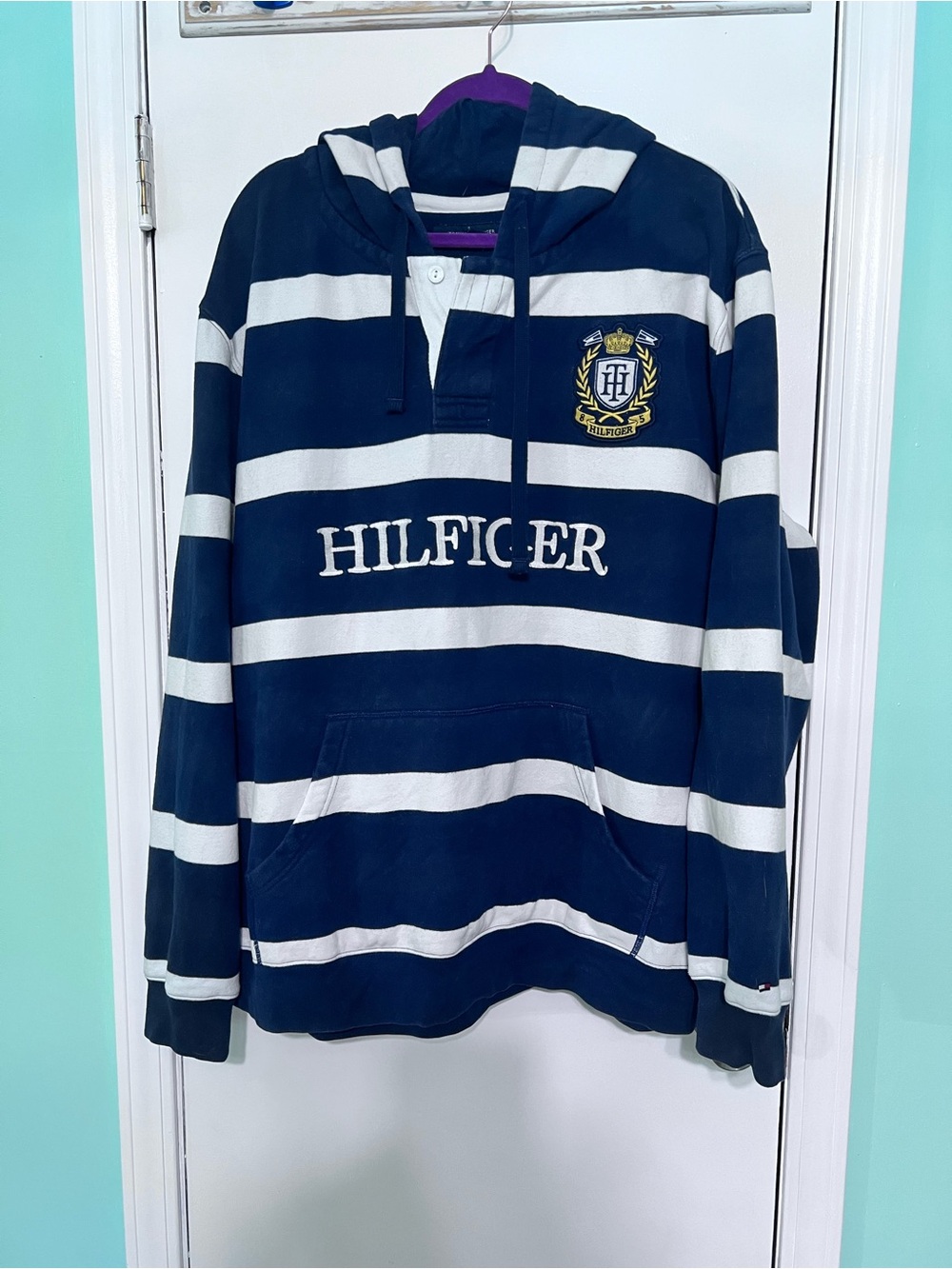 Tommy Hilfiger Navy & White Striped Rugby Hoodie Size XL